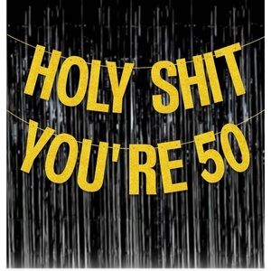 Happy 50th Birthday Novelty Banner Pre-Strung With Heart Mylar Balloons/Ribbon